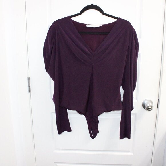 ASTR The Label Women's Purple Puff Long Sleeve Bodysuit XL V neck - Picture 1 of 4